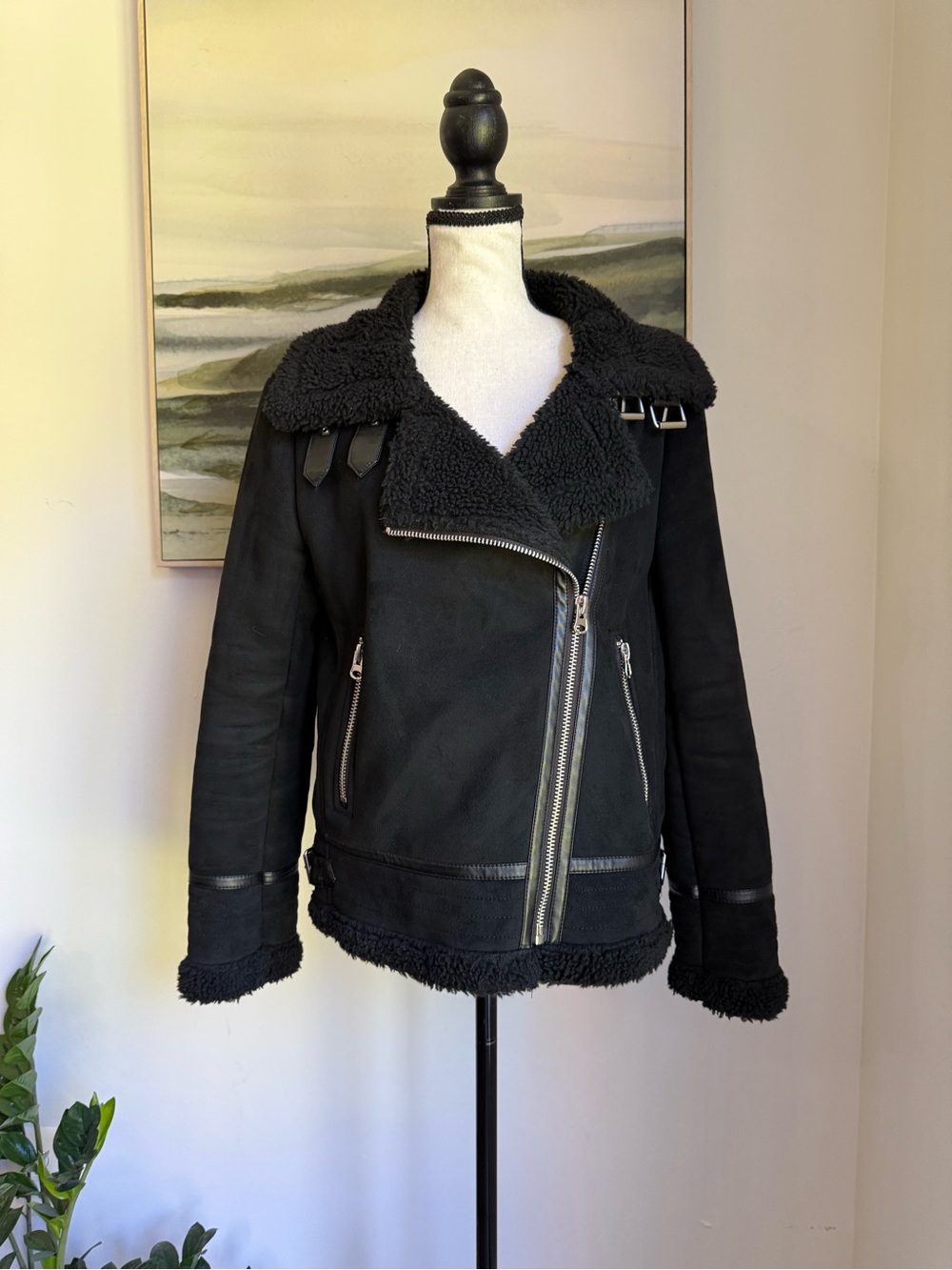 Zara Black Faux Shearling Moto Jacket
